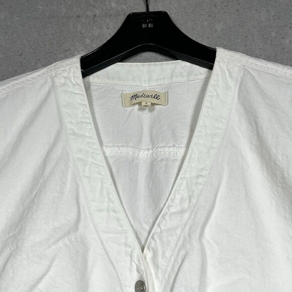 Madewell Crop Top Womens Size 6 White Retro Denim Short Cap-Sleeve Button Down - Picture 2 of 10